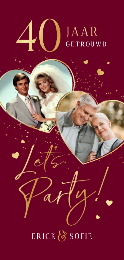 Jubileumkaarten - Uitnodiging 40 jaar getrouwd jubileumfeest robijn goud hart