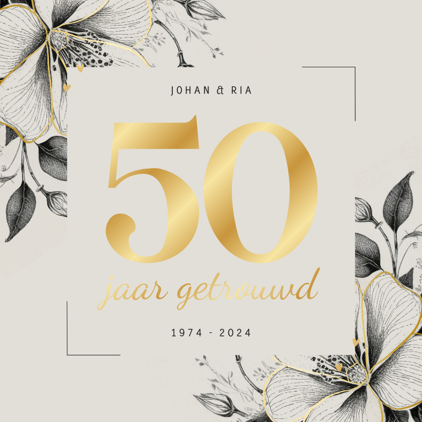 Jubileumkaarten - Uitnodiging 50 jaar getrouwd met bloemen en minihartjes goud
