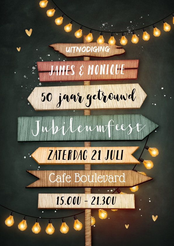 Uitnodiging 50 jarig jubileum wegwijzers krijtbord lampjes - Jubileumkaarten Jubileumkaarten - Uitnodiging 50 jarig jubileum wegwijzers krijtbord lampjes