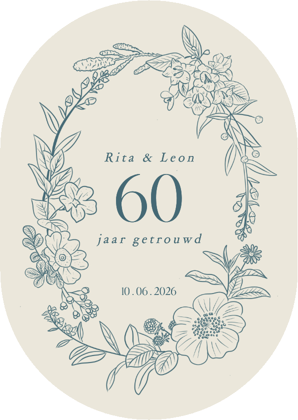Jubileumkaarten - Uitnodiging 60 jaar jubileum ovaal met bloemenkrans