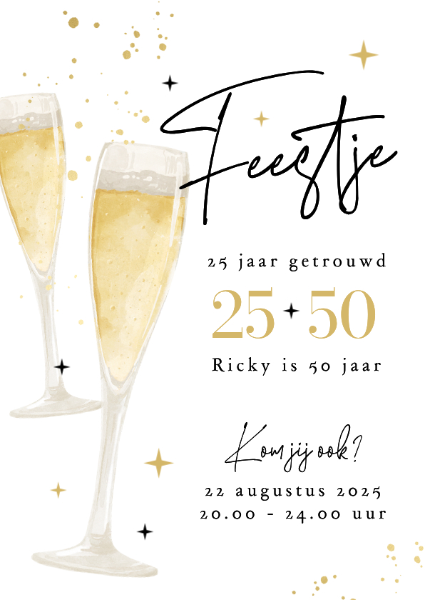 Uitnodiging dubbel feestje champagne goud bubbels - Jubileumkaarten Jubileumkaarten - Uitnodiging dubbel feestje champagne goud bubbels