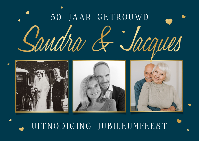 Uitnodiging fotokaart jubileumfeest 50 jaar getrouwd hartjes - Jubileumkaarten Jubileumkaarten - Uitnodiging fotokaart jubileumfeest 50 jaar getrouwd hartjes