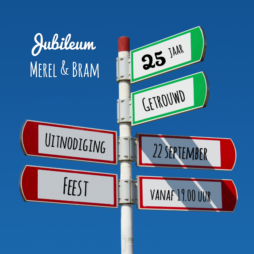 Uitnodiging hippe wegwijzer blauwe lucht - Jubileumkaarten Jubileumkaarten - Uitnodiging hippe wegwijzer blauwe lucht