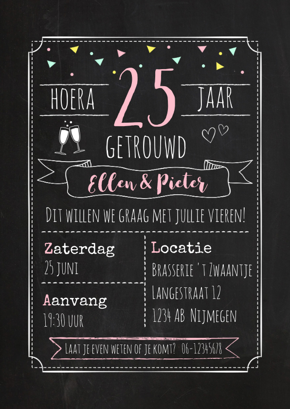Uitnodiging huwelijksjubileum krijtbord look roze - Jubileumkaarten Jubileumkaarten - Uitnodiging huwelijksjubileum krijtbord look roze