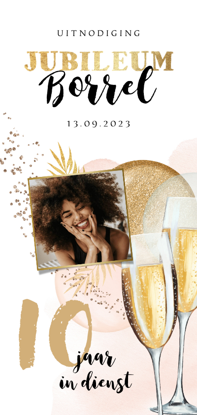 Jubileumkaarten - Uitnodiging jubileum 10 jaar ballonnen goud foto champagne