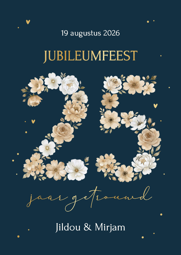 Uitnodiging jubileum 25 jaar in bloemetjes donkerblauw goud - Jubileumkaarten Jubileumkaarten - Uitnodiging jubileum 25 jaar in bloemetjes donkerblauw goud