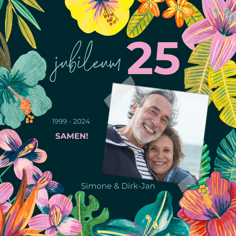 Jubileumkaarten - Uitnodiging Jubileum 25 jaar tropische Hawaii bloemen