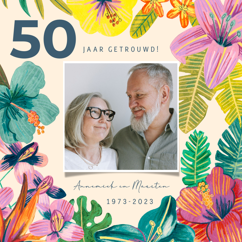 Jubileumkaarten - Uitnodiging Jubileum 50 jaar tropische Hawaii bloemen