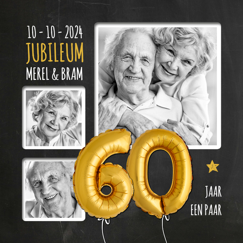 Jubileumkaarten - Uitnodiging jubileum 60 jaar ballonnen goud