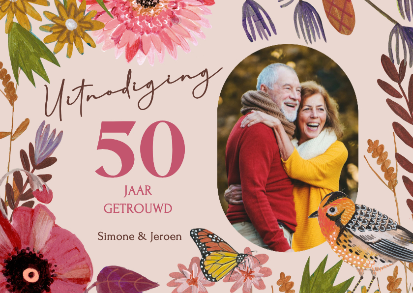 Uitnodiging jubileum bloemen, vogel en vlinder - Jubileumkaarten Jubileumkaarten - Uitnodiging jubileum bloemen, vogel en vlinder
