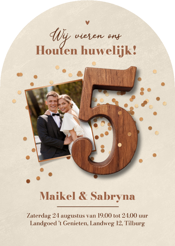 Jubileumkaarten - Uitnodiging jubileum boogkaart 5 jaar houten huwelijk