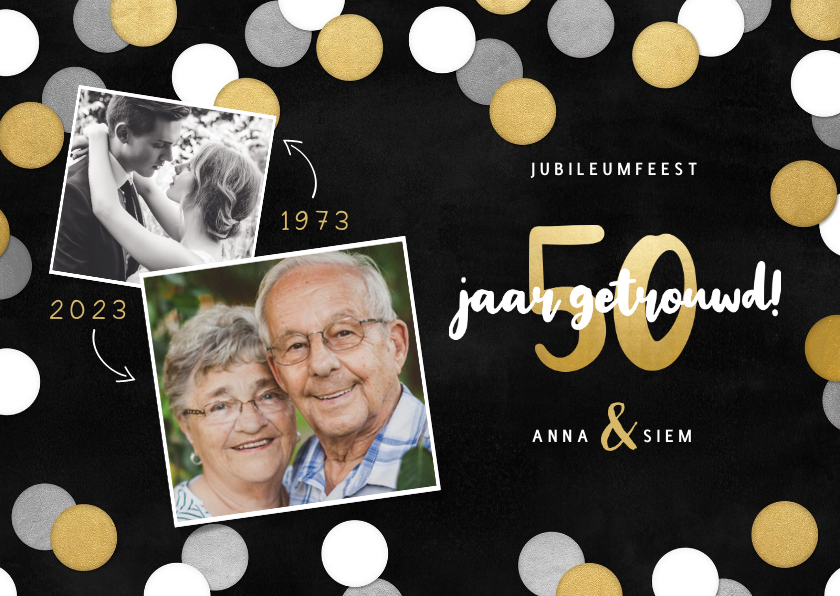 Uitnodiging jubileumfeest 50 jaar getrouwd confetti & foto's - Jubileumkaarten Jubileumkaarten - Uitnodiging jubileumfeest 50 jaar getrouwd confetti & foto's