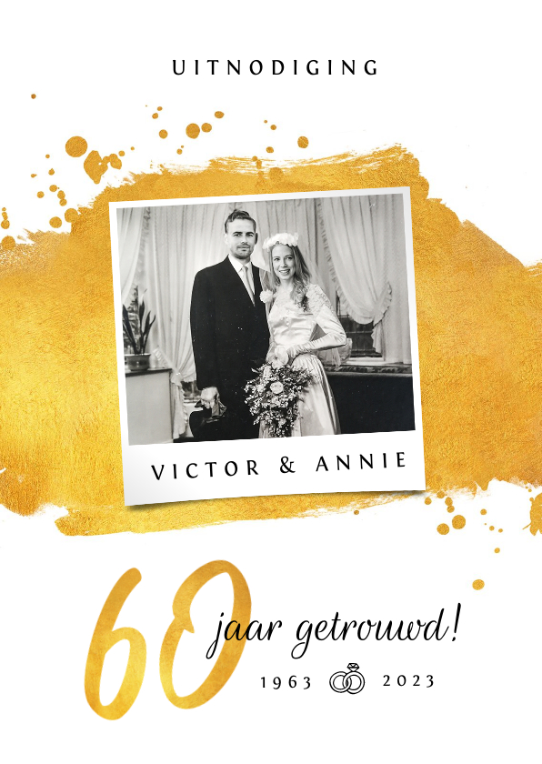 Uitnodiging jubileumfeest 60 jaar getrouwd goud foto cheers - Jubileumkaarten Jubileumkaarten - Uitnodiging jubileumfeest 60 jaar getrouwd goud foto cheers