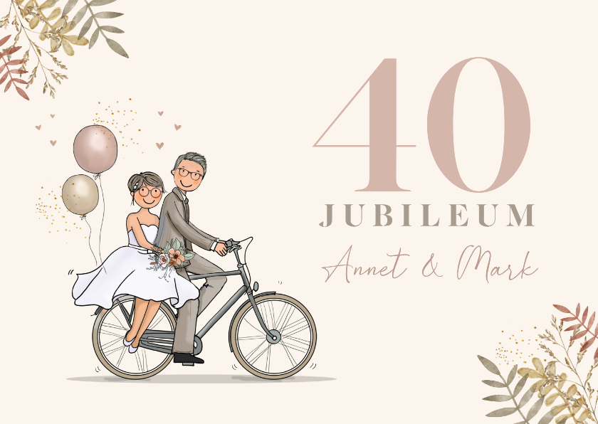 Jubileumkaarten - Uitnodiging jubileumfeest fietsend stel met ballonnen