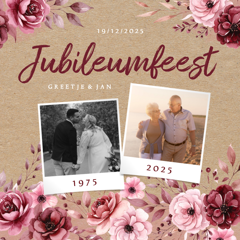 Uitnodiging jubileumfeest met vintage bloemen kraftpapier - Jubileumkaarten Jubileumkaarten - Uitnodiging jubileumfeest met vintage bloemen kraftpapier