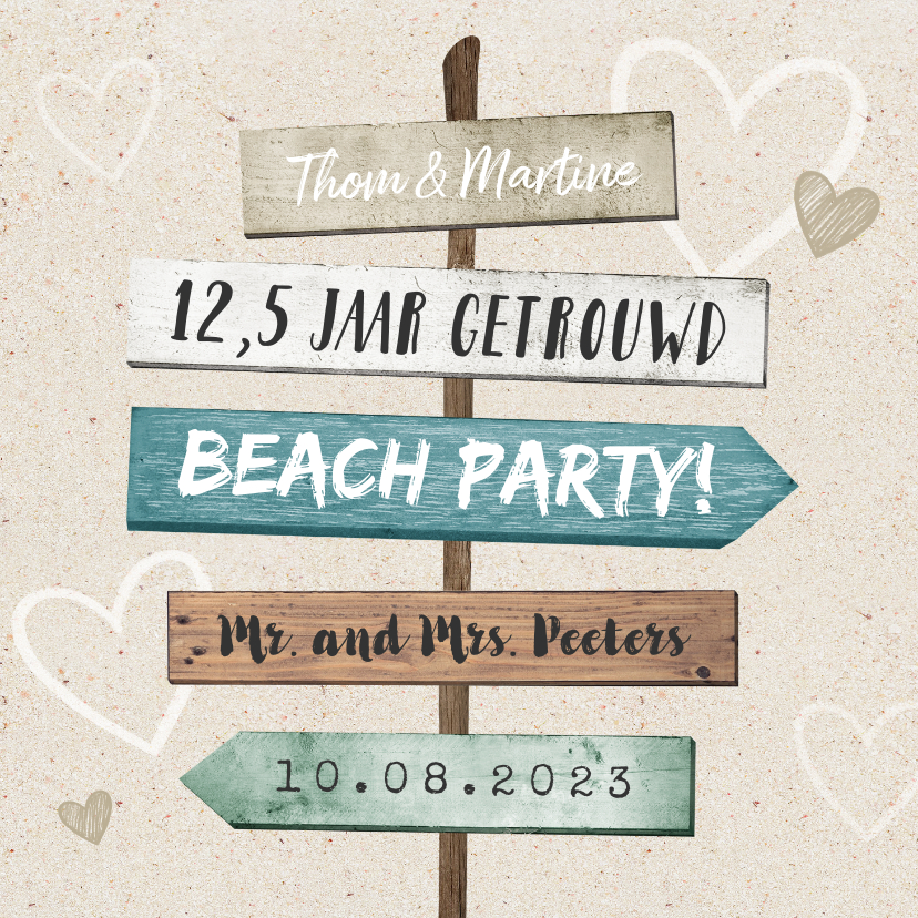 Jubileumkaarten - Uitnodiging jubileumfeest strand wegwijzers hout hartjes