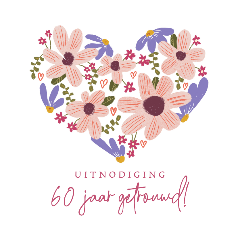 Jubileumkaarten - Uitnodiging met bloemenhart voor 60 jarig huwelijk
