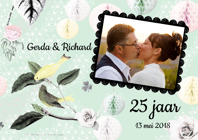 Uitnodiging voor jubileumfeest met vogels en rozen - Jubileumkaarten Jubileumkaarten - Uitnodiging voor jubileumfeest met vogels en rozen