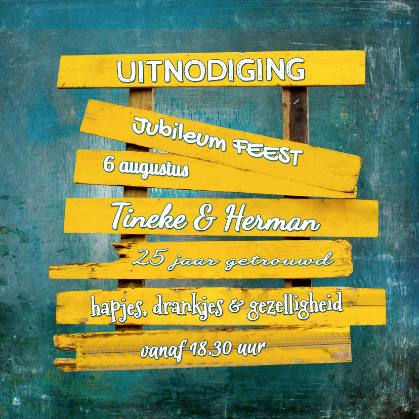 Uitnodiging houten pallet wegwijzer Geel - Jubileumkaarten Jubileumkaarten - Uitnodiging houten pallet wegwijzer Geel