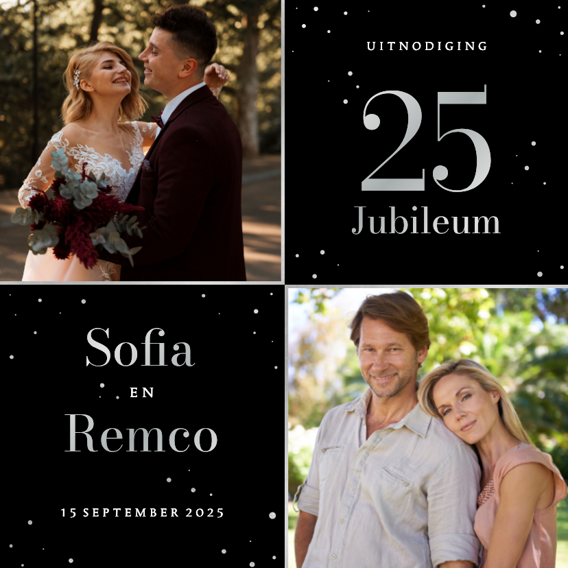 Zwarte uitnodiging jubileum met foto's en zilveren spetters - Jubileumkaarten Jubileumkaarten - Zwarte uitnodiging jubileum met foto's en zilveren spetters