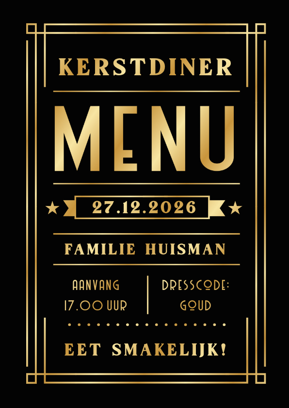 Art-deco stijl kerstdiner menukaart zwart met goudfolie - Kerstkaarten Kerstkaarten - Art-deco stijl kerstdiner menukaart zwart met goudfolie