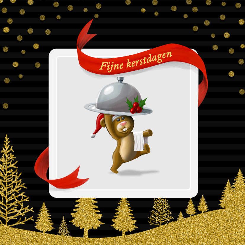 Beertje serveert met gouden sneeuw en bomen - Kerstkaarten Kerstkaarten - Beertje serveert met gouden sneeuw en bomen