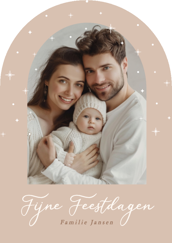 Beige kerstkaartje met foto en sterren in boogvorm - Kerstkaarten Kerstkaarten - Beige kerstkaartje met foto en sterren in boogvorm