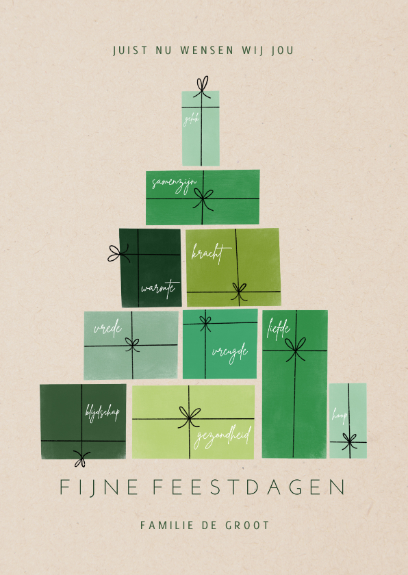 Bemoedigende kerstkaart met groene cadeau's als kerstboom - Kerstkaarten Kerstkaarten - Bemoedigende kerstkaart met groene cadeau's als kerstboom