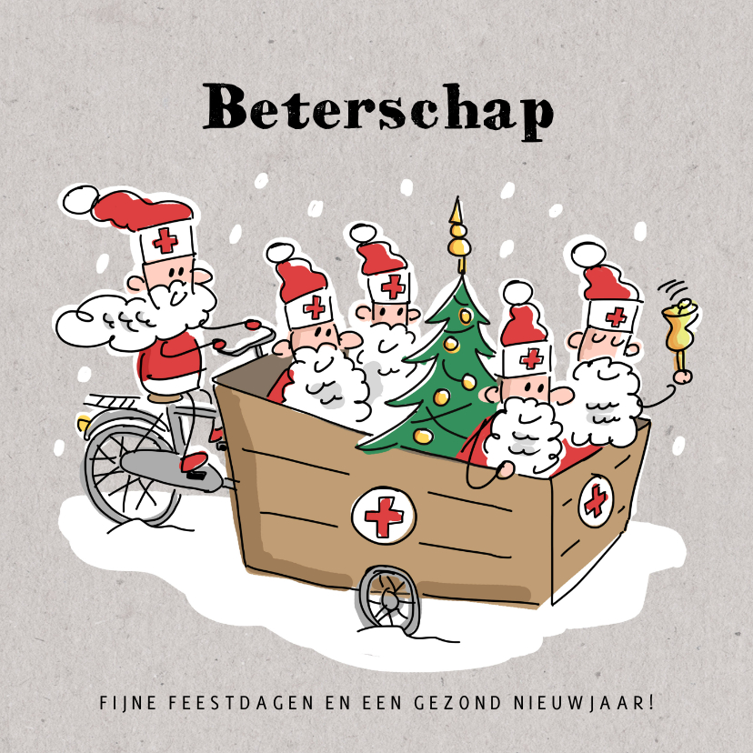 Kerstkaarten - Beterschapskaart met kerstmannen en kerstboom in bakfiets