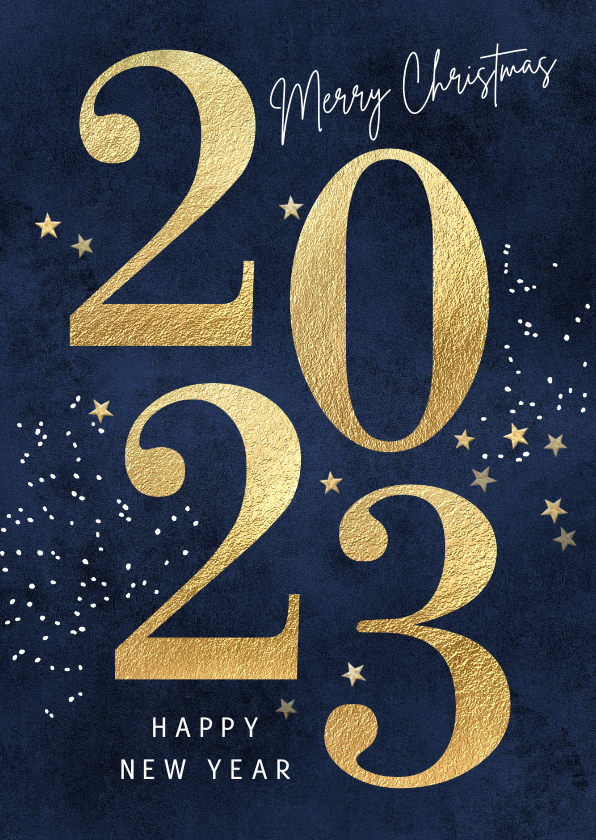 Blauwe kerstkaart 2023 in goud Kerstkaarten Kaartje2go