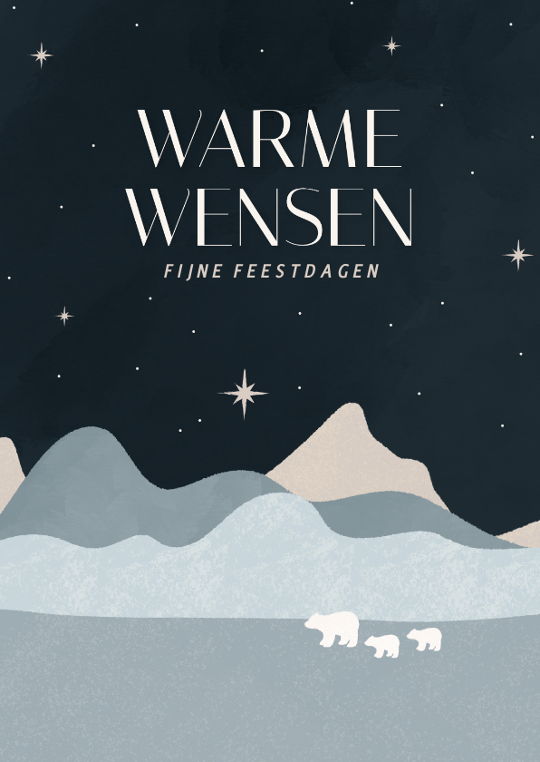 Blauwe kerstkaart landschap met ijsbeertjes en sterren - Kerstkaarten Kerstkaarten - Blauwe kerstkaart landschap met ijsbeertjes en sterren