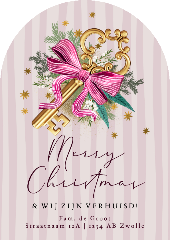 Kerstkaarten - Boogvorm kerst verhuiskaart botanisch sleutel goud strepen