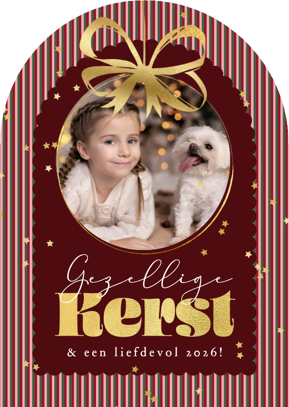 Kerstkaarten - Boogvorm kerstkaart streeppatroon kerstbal strik goud foto