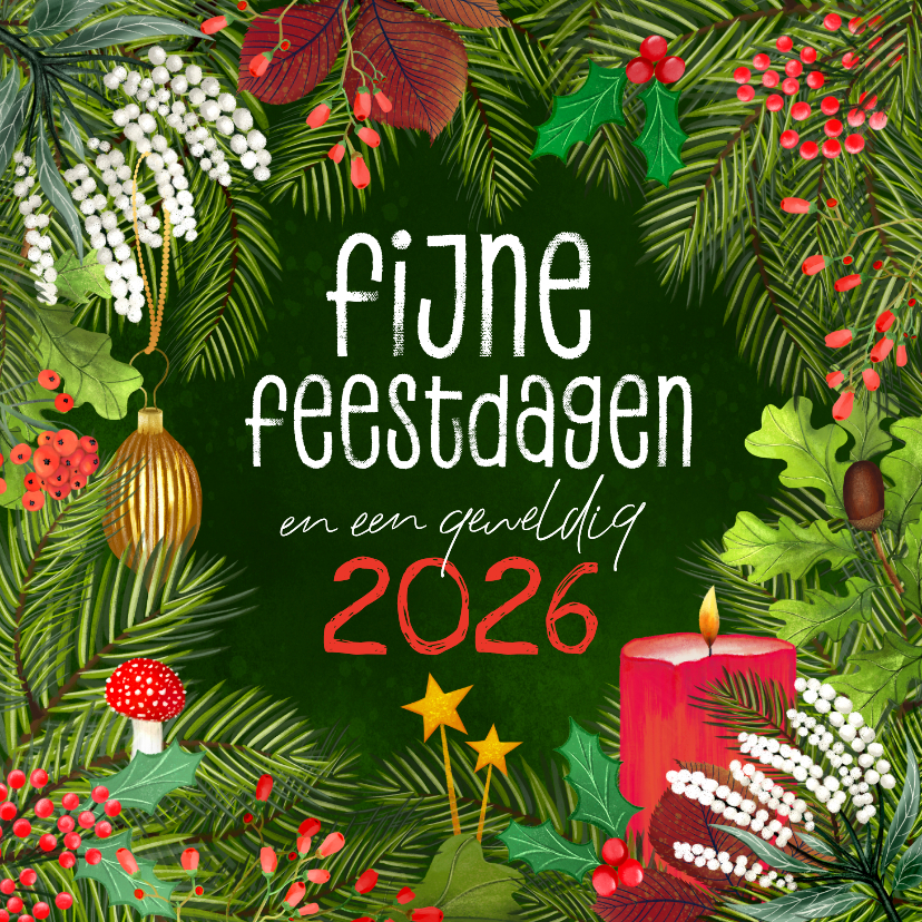 Kerstkaarten - Botanische kerstkaart met kaars