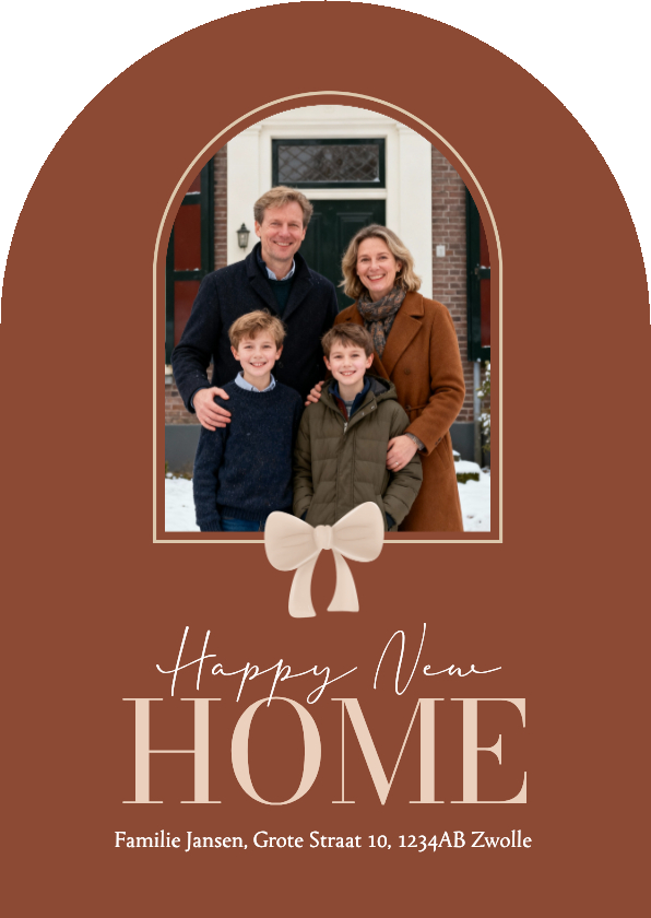 Bruine kerstkaart verhuizing boog met strikje en foto - Kerstkaarten Kerstkaarten - Bruine kerstkaart verhuizing boog met strikje en foto