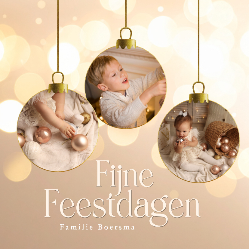 Chique kerstkaart beige met kerstballen fotocollage en bokeh - Kerstkaarten Kerstkaarten - Chique kerstkaart beige met kerstballen fotocollage en bokeh