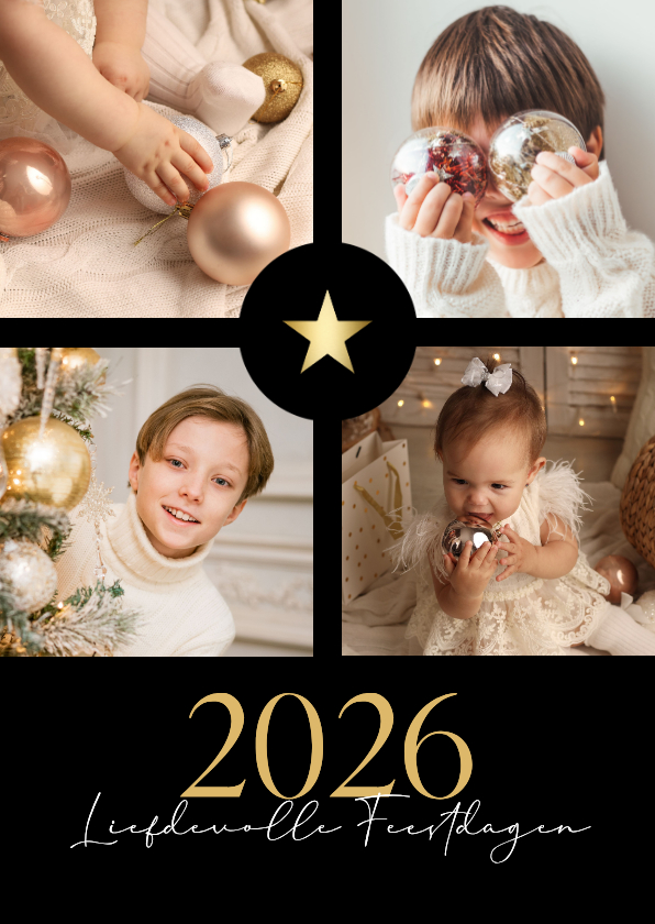Kerstkaarten - Chique zwarte fotocollage kerstkaart met gouden ster