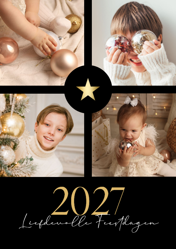 Chique zwarte fotocollage kerstkaart met gouden ster - Kerstkaarten Kerstkaarten - Chique zwarte fotocollage kerstkaart met gouden ster