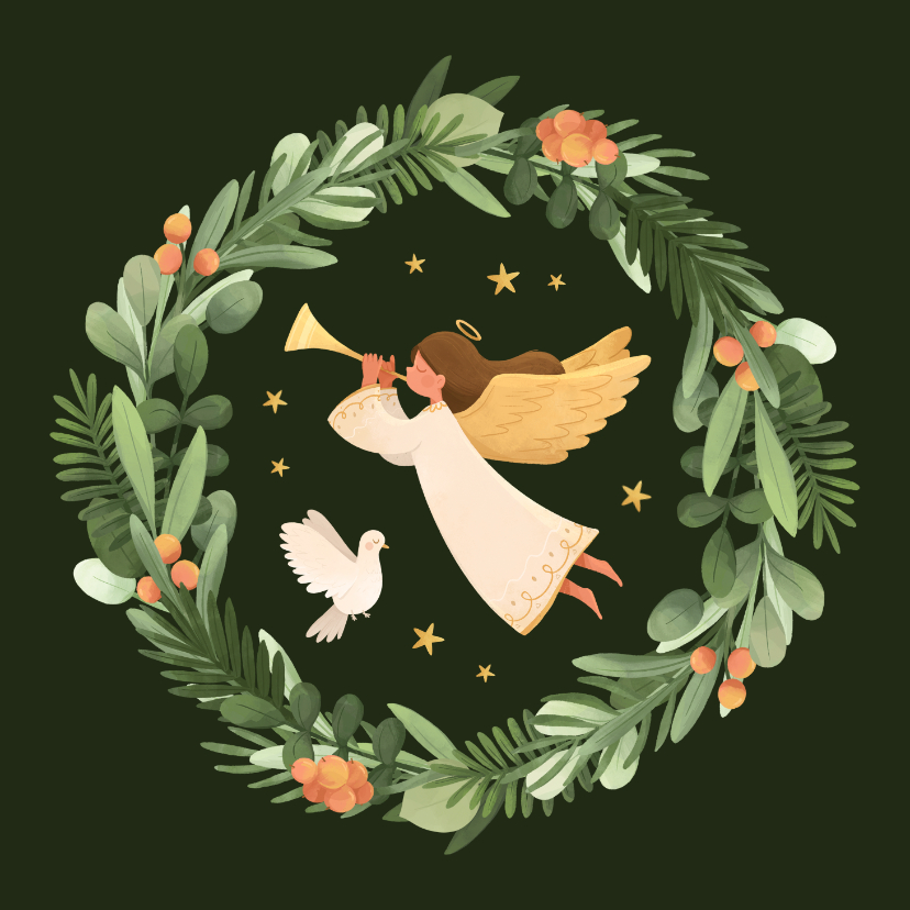 Kerstkaarten - Christelijke kerstkaart engel witte duif krans illustratie