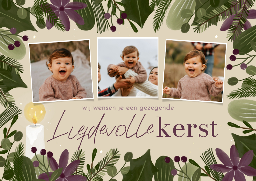 Kerstkaarten - Christelijke kerstkaart fotocollage botanisch kaars