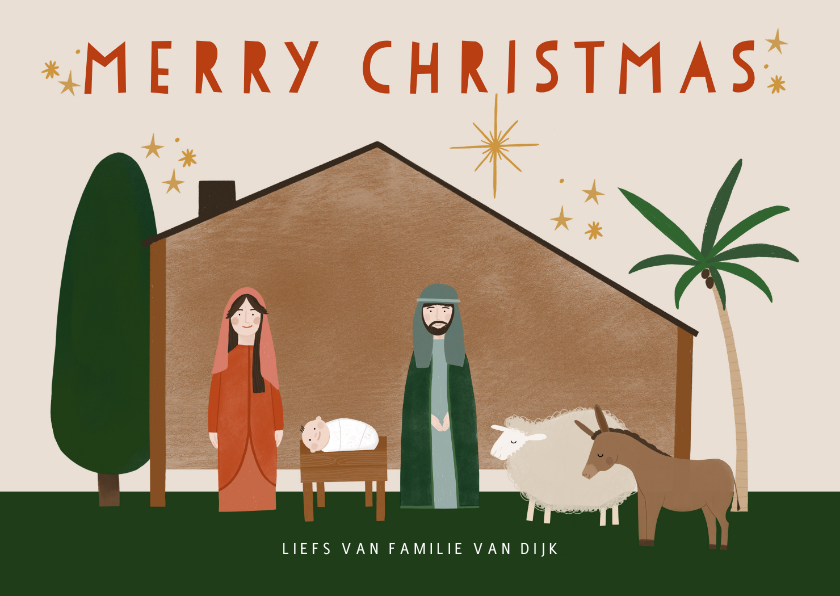 Christelijke kerstkaart kerststal en dieren merry christmas - Kerstkaarten Kerstkaarten - Christelijke kerstkaart kerststal en dieren merry christmas