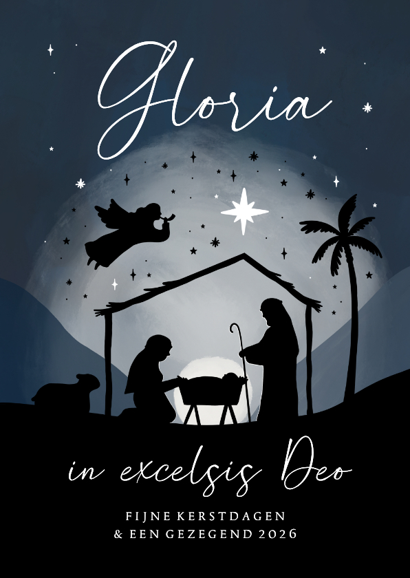 Kerstkaarten - Christelijke kerstkaart kerststal silhouet engel sterren