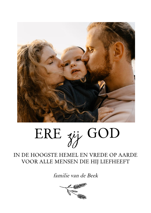 Christelijke kerstkaart met bijbeltekst, takje en foto - Kerstkaarten Kerstkaarten - Christelijke kerstkaart met bijbeltekst, takje en foto