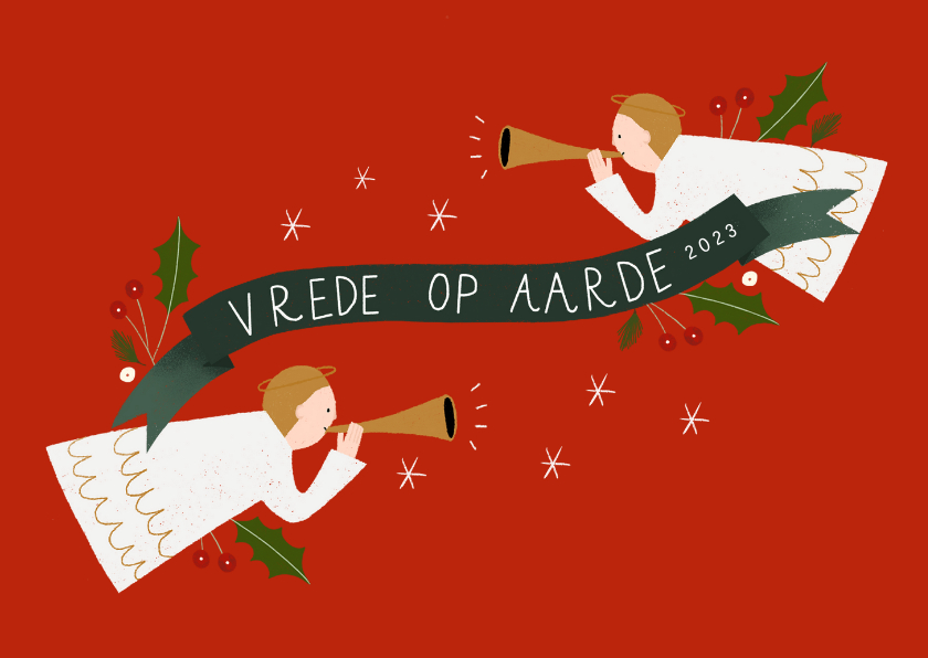 Christelijke kerstkaart met engeltjes en banner 2023 - Kerstkaarten Kerstkaarten - Christelijke kerstkaart met engeltjes en banner 2023