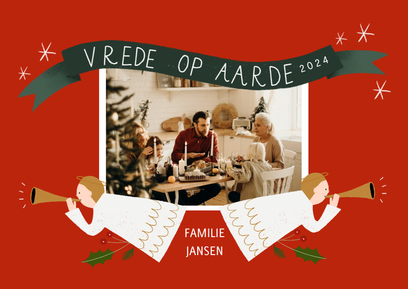 Christelijke kerstkaart met foto en engel illustraties - Kerstkaarten Kerstkaarten - Christelijke kerstkaart met foto en engel illustraties
