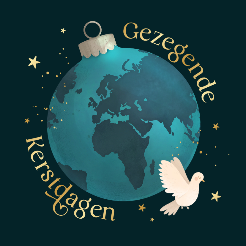 Kerstkaarten - Christelijke kerstkaart vredesduif aarde kerstbal gezegend