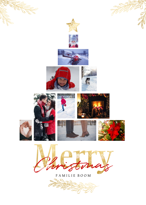 Kerstkaarten - Collage kerstboom wit rechthoekig voor 10 foto's