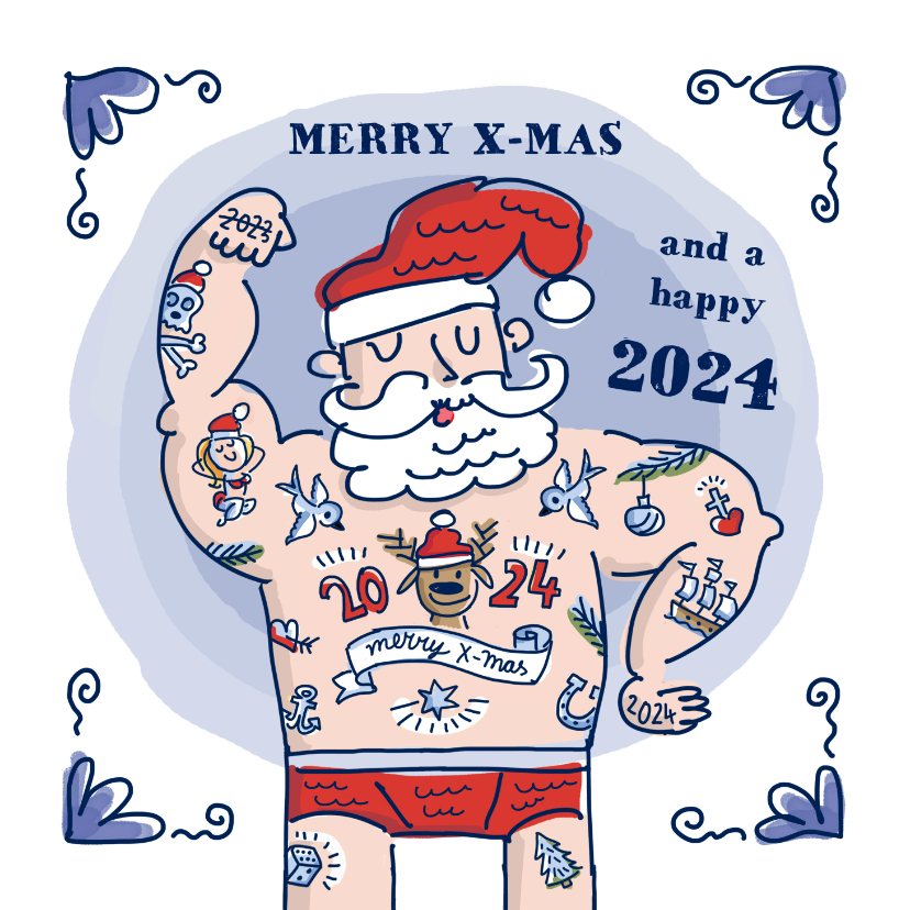 Kerstkaarten - Delftsblauwe kerstkaart met tatoeage kerstman