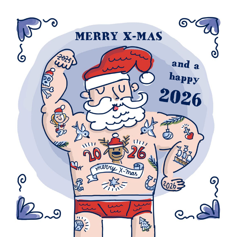 Kerstkaarten - Delftsblauwe kerstkaart met tatoeage kerstman