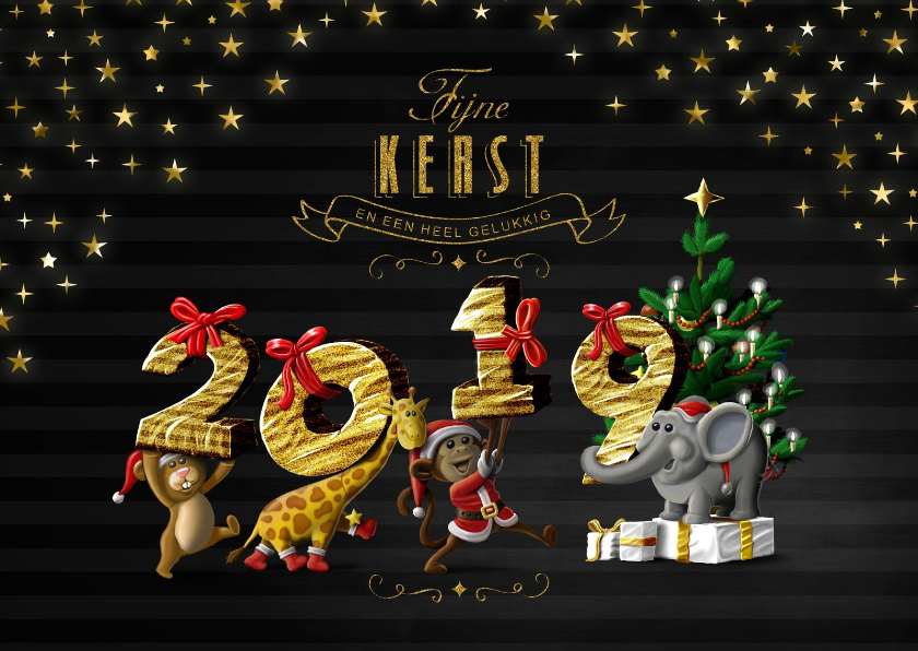 diertjes dragen jaartal pakjes naar kerstboom kerstkaart - Kerstkaarten Kerstkaarten - diertjes dragen jaartal pakjes naar kerstboom kerstkaart